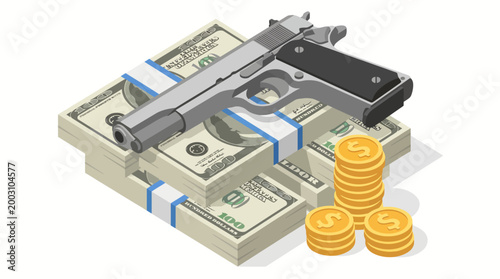 A striking arrangement of a handgun, stacks of cash, and gold coins illustrate a stark contrast between wealth and violence, evoking strong emotions about crime and greed.