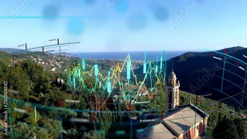 On overlay start animated data graphics pulsing over church tower visualizing coastal valley trends