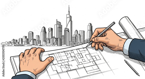 Hands working on architectural blueprint.
