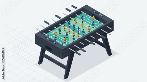 A foosball table featuring intense gameplay with players maneuvering for victory, highlighting fun, competition, and social interactions among friends or family.