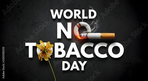 World no tobacco day concept with lit cigarette and yellow flower on dark background