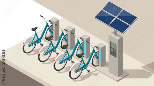 A bike rental station equipped with solar panels, promoting sustainable transportation options and eco-friendly commuting in urban settings, showcasing modern infrastructure.