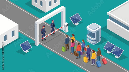 People are waiting in line at a security checkpoint managed by officers, illustrating the importance of safety and order in facilitating travel and movement in society.