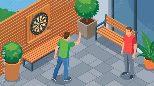 This illustration captures a fun moment between two friends as they engage in a game of darts in a casual recreational space, highlighting friendship and leisure activities.