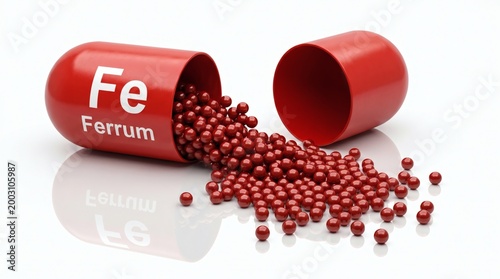 Open red capsule pill containing iron supplement granules labeled Fe Ferrum.