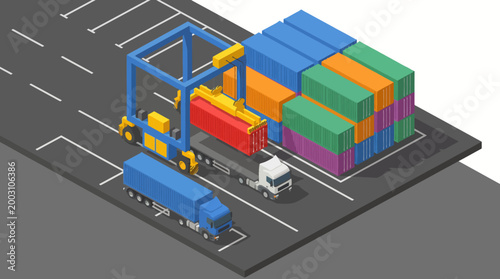A detailed illustration shows loading containers and trucks in a transportation depot, highlighting logistics, efficiency, and global trade processes in a modern setting.