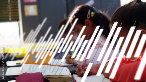 Three students writing in class, diagonal overlay shifting, zooming to highlight right pupil's work