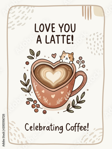 Cute hand drawn coffee latte art in a heart-shaped cup with a tiny cat, cozy cafe aesthetic illustration.