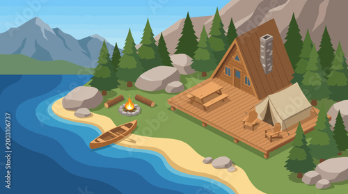 A picturesque lakeside cabin surrounded by towering trees, a cozy camping area, and a calm blue water view, creating a perfect outdoor retreat for relaxation and adventure.