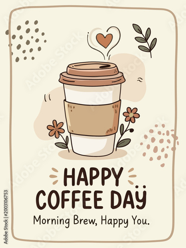 Hand drawn cozy coffee cup illustration with Happy Coffee Day typograp.