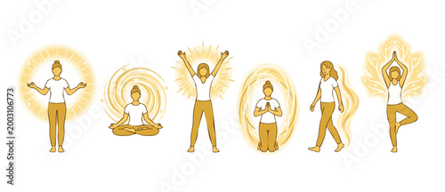 Yoga Woman Aura Energy Set: Spiritual Meditation Poses and Golden Chakra Radiance Illustration for Wellness, Mindfulness, Holistic Healing, Self-Care, Enlightenment, Zen Balance, and Energy Flow Conce