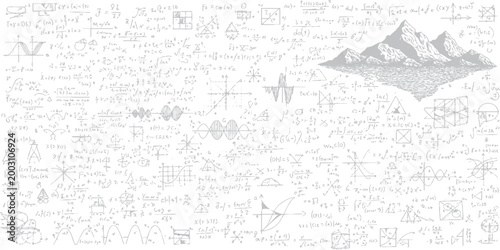 Complex abstract background with scientific formulas equations mountain illustration science background formula equation white abstract