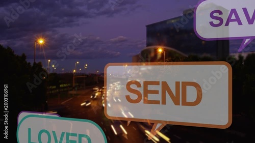 On SEND bubble appearing, CTA bubbles sliding over dusk road, layering to prompt social engagement