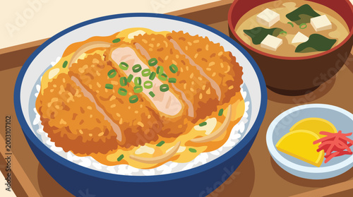 A beautifully presented katsu don dish with crispy chicken cutlet over rice, accompanied by a bowl of miso soup, ideal for showcasing Japanese culinary tradition.