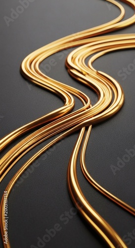 Vertical Background with Flowing Liquid Gold Metallic Swirls on Matte Charcoal Gray Surface,