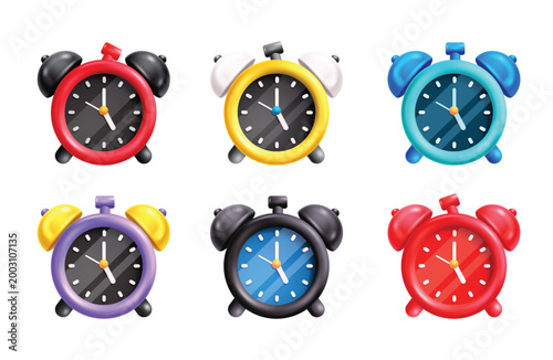 3d alarm clock elements clipart set. Collection of colorful alarm clocks with red, yellow, blue, and purple designs for school schedules, office planning, and back to school themes vector illustration