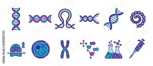 DNA Structure and Genetics Icons Set for Science and Biotech Research: Molecular Biology, Chromosomes, Laboratory Equipment, Biochemistry Symbols, Genome Engineering, Medical Analysis and Scientific S
