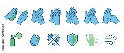 Hand Sanitizer and Washing Steps Icon Set for Hygiene and Infection Prevention. Detailed infographic vector graphics demonstrating proper hand disinfection techniques, antibacterial protection, and vi