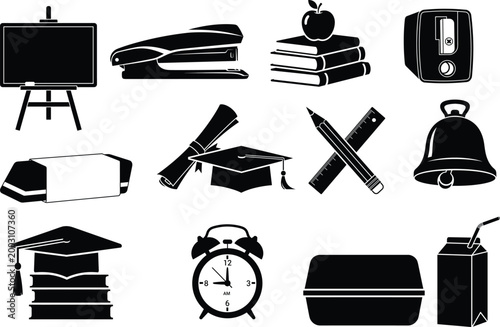 Black and white school educational symbols, and books