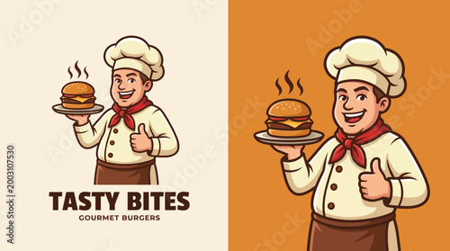 This charming logo features a smiling chef holding a delicious burger, symbolizing the joy of gourmet cooking and the irresistible appeal of tasty bites for food lovers everywhere.