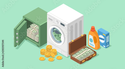 This image depicts a washing machine, a safe, and stacks of cash, highlighting the concept of money laundering and financial crime in a visually engaging manner.