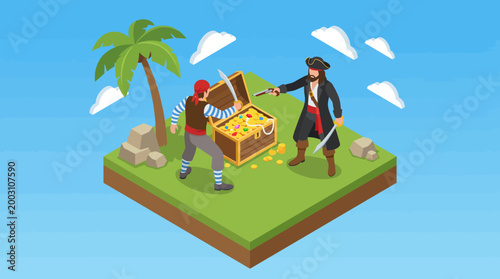 Photos Two pirates confront each other over a treasure chest on a tropical island, showcasing adventure, rivalry, and pursuit of treasure in a vibrant cartoonish setting