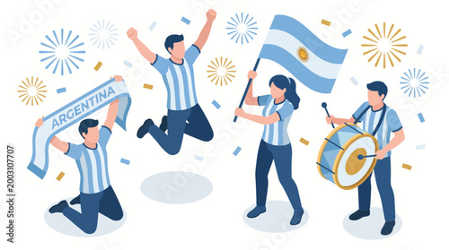 A lively celebration showcasing fans proudly waving the Argentina flag, cheering in excitement, and expressing vibrant enthusiasm for their national pride.