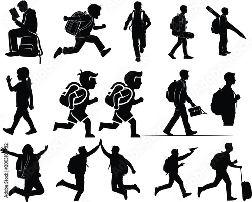 Black silhouettes of people traveling, various poses and actions, white background, travelers backpacks