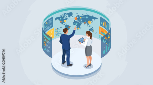 Two business professionals are examining global data insights in a futuristic, interactive setting. This image represents analysis, collaboration, and technological advancement.
