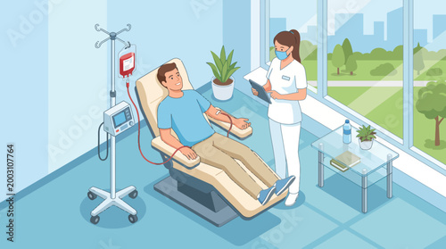 A patient donates blood in a well-lit clinic setting, highlighting the importance of volunteering for blood donation and the compassionate care provided in healthcare.