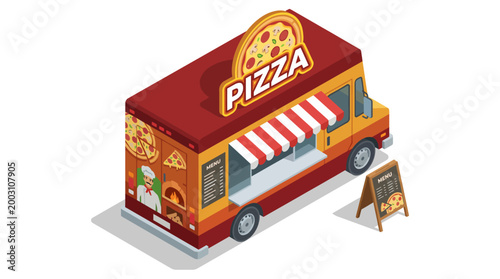 This vibrant image depicts a pizza food truck with a large menu display, capturing the excitement of street food culture and culinary delights in an appealing urban setting.