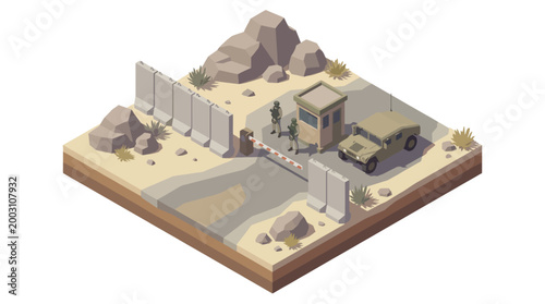 This illustration depicts a military checkpoint in a desert environment, highlighting themes of security, vigilance, and geopolitics captured through a minimalist aesthetic.