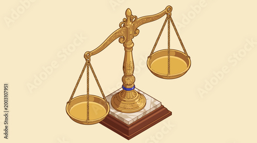 An elegant golden scale representing justice and law, skillfully designed, set against a plain background, emphasizing balance and fairness in legal matters and societal governance.