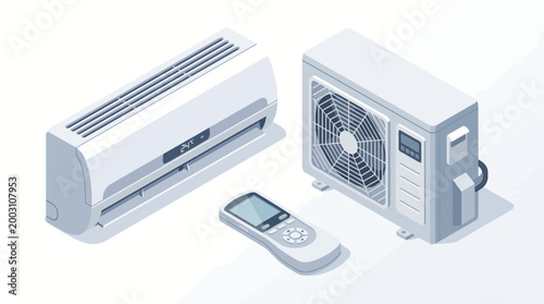 Photos A sleek, modern air conditioning unit alongside a remote control, showcasing design and efficiency for comfortable living in any space throughout the year