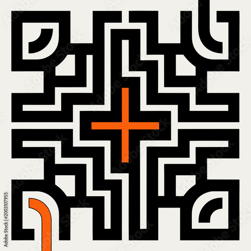 Abstract geometric pattern with black lines and orange accents on light background
