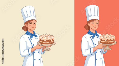 A cheerful baker proudly holding a beautifully crafted cake, showcasing the artistry of baking and the joy of culinary creation within a vibrant and appealing kitchen environment.