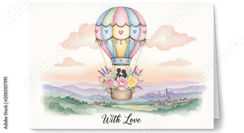 Couple in a hot air balloon with flowers and with love text