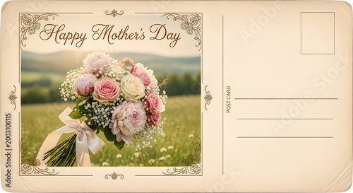 Happy mothers day postcard with beautiful floral bouquet