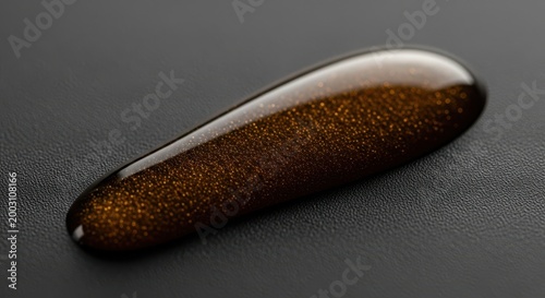Glossy brown capsule with golden sparkles on dark surface