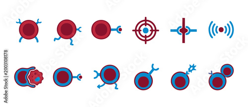 Immune Cell Targeting Icons Set, Biological Mechanism and Immunology Graphics for Medical Research and Healthcare Communication, Vector Illustrations of Antibodies Attacking Pathogens in Flat Style De