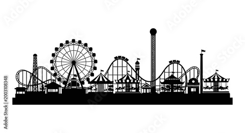 Amusement park silhouette a black and white illustration of thrilling rides and entertainment
