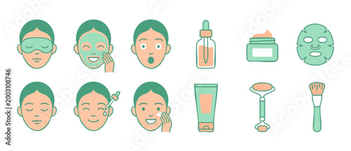 Skincare Routine Icons Set, Facial Treatment and Beauty Products Collection, Vector Illustration of Women Face Care Procedures, Moisturizing Masks and Serums, Dermatology Health Graphic for App and We