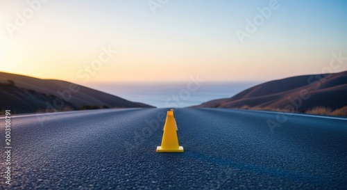 A single yellow traffic cone on a deserted road leading to the ocean at sunset