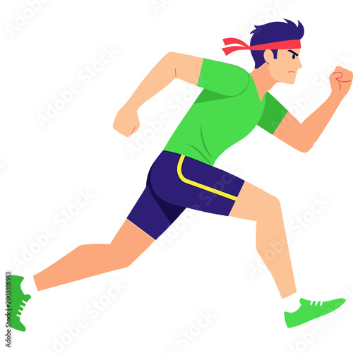 Man running quickly wearing green shirt and blue shorts outdoors