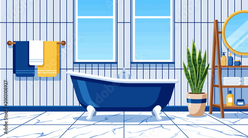 This image showcases a bright and stylish modern bathroom featuring a classic bathtub, indoor plants, and large windows, creating an inviting atmosphere for relaxation.