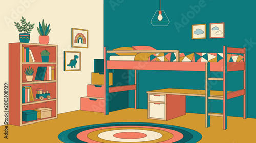 This colorful illustration of a child’s bedroom embodies playful elements, featuring a loft bed, organized bookshelves, and vibrant decor that encourages creativity and fun.