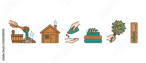 Sauna and Steam Bath Icons Set - Wooden Cabin, Water Ladle, Essential Oil, Towels, Birch Broom, and Thermometer for Wellness, Relaxation, and Spa Treatment Vector Illustration