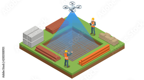 A drone is surveying a construction site where workers are analyzing the grid and materials on the ground, showcasing modern technology in construction management.