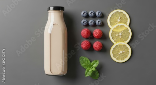 Refreshing smoothie ingredients including a bottle of smoothie, raspberries, blueberries, lemons, and mint leaves on a gray background