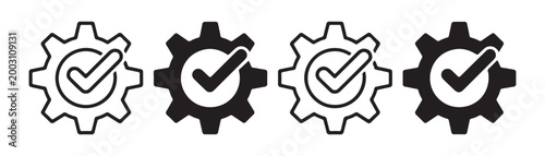 Settings complete gear icon set with checkmark sign for verified process and success engineering milestones.